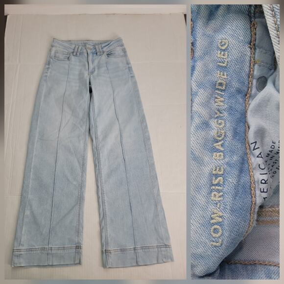 American Eagle Outfitters Denim - AMERICAN EAGLE Jeans Sz 000 Low Rise Baggy Wide Leg Drapey Light Wash Retro